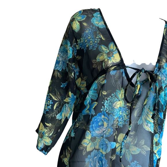Rima Beachworld Women Top S Blue Floral Light Sheer Beachy Coverup Tropical Boho - Picture 4 of 8